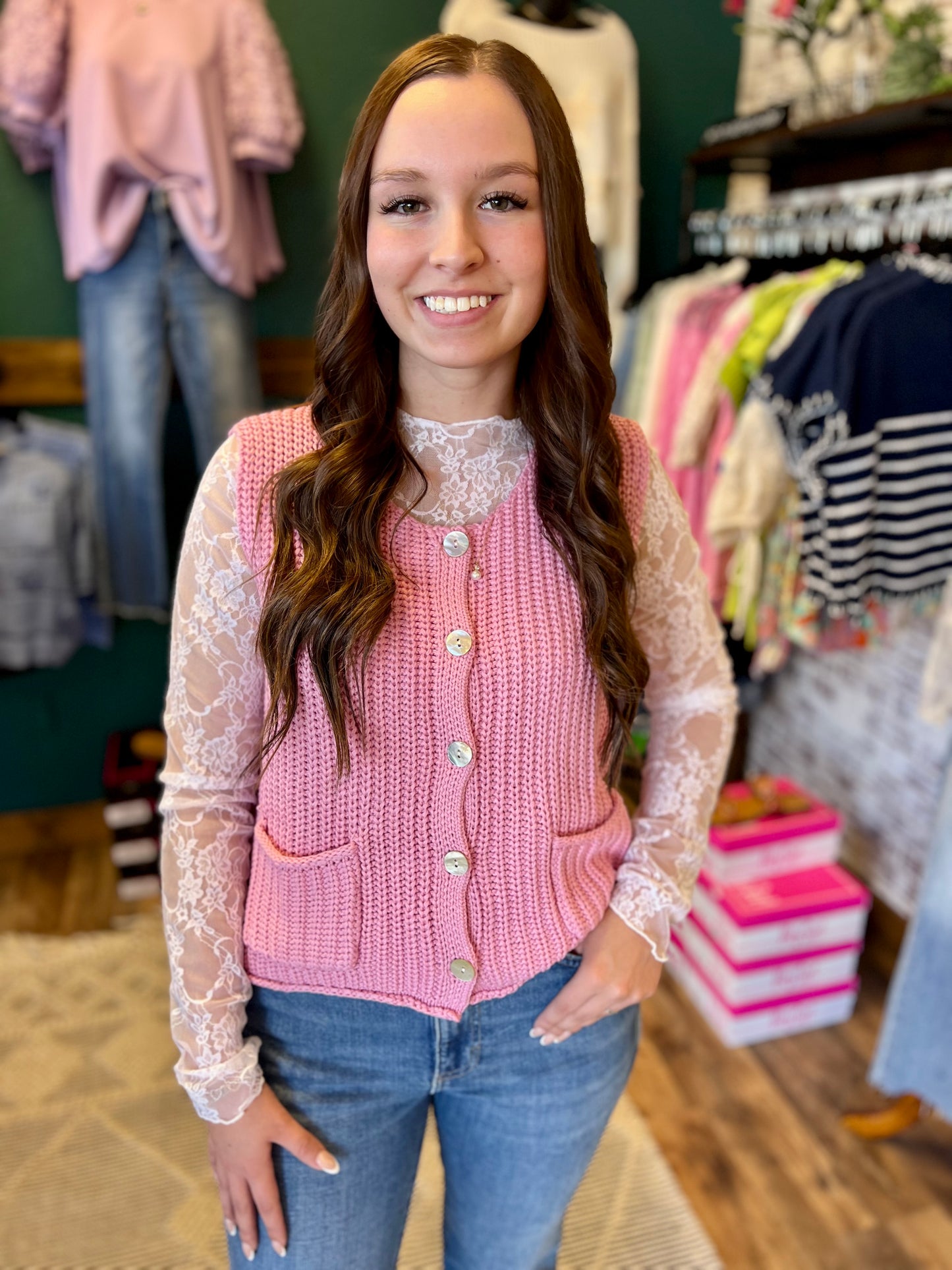 Bubblegum Pearl Button Knit Vest