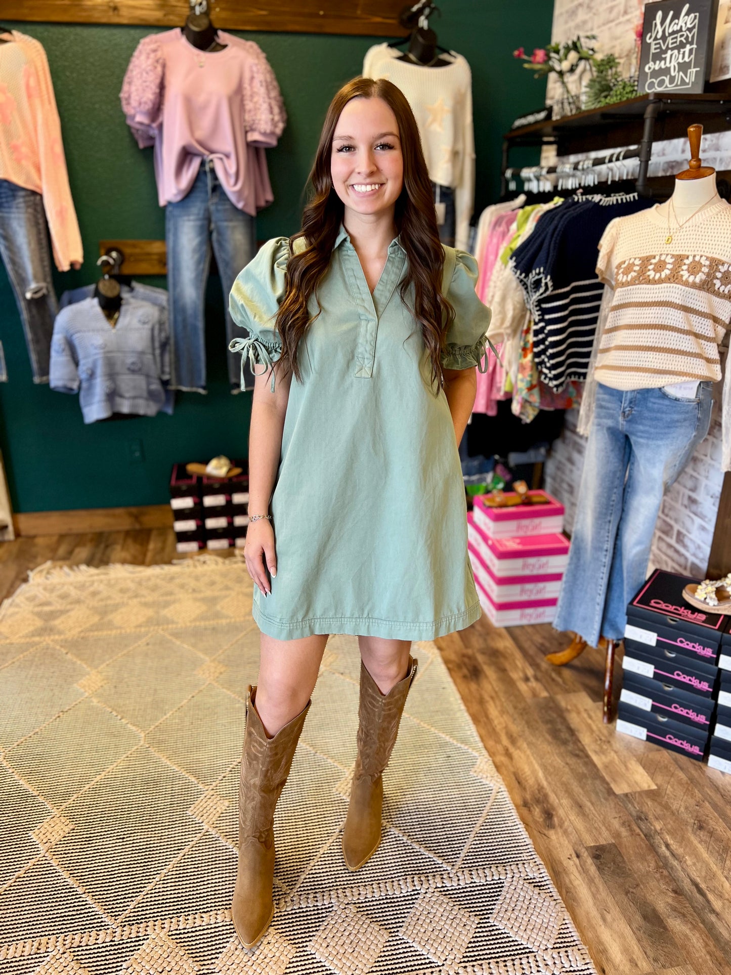 Olive Bubble Sleeve Dress