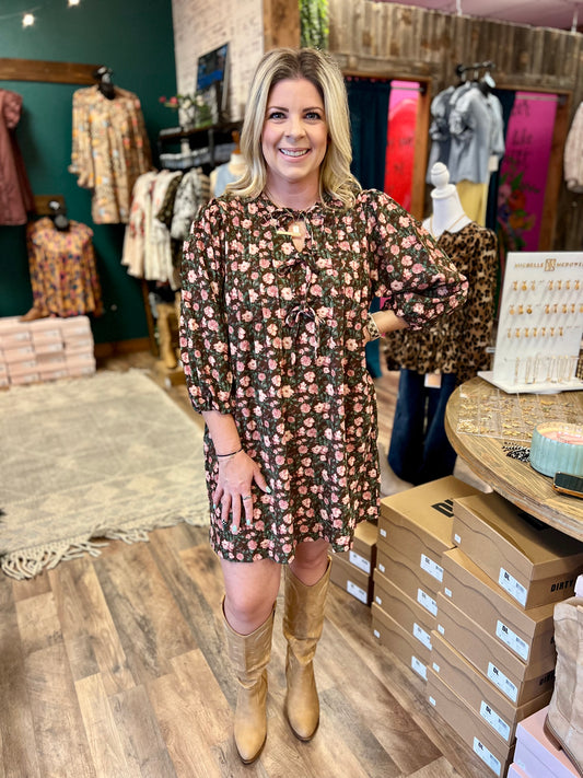 Pink & Chocolate Floral Corduroy Dress