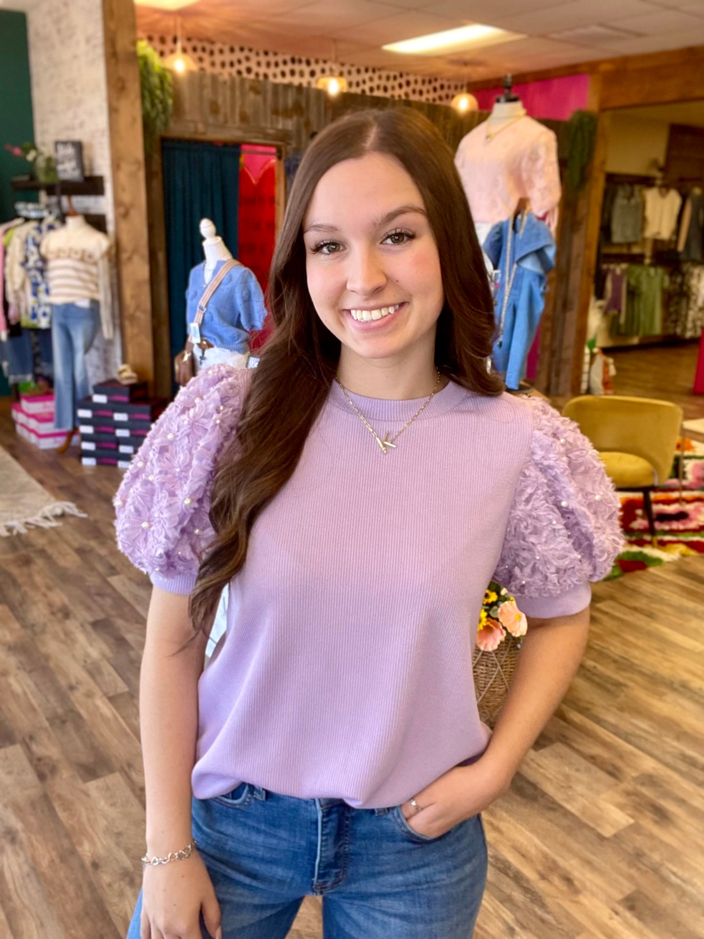 Lavender Bubble Sleeve Top