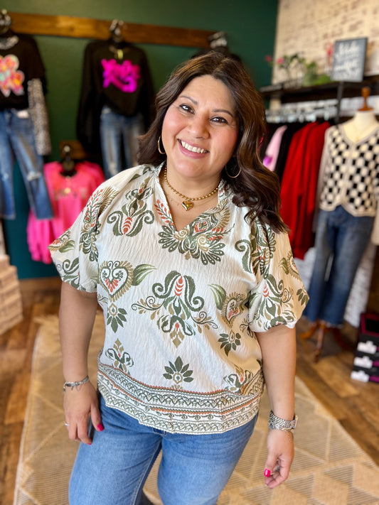 Light Olive Paisley Top