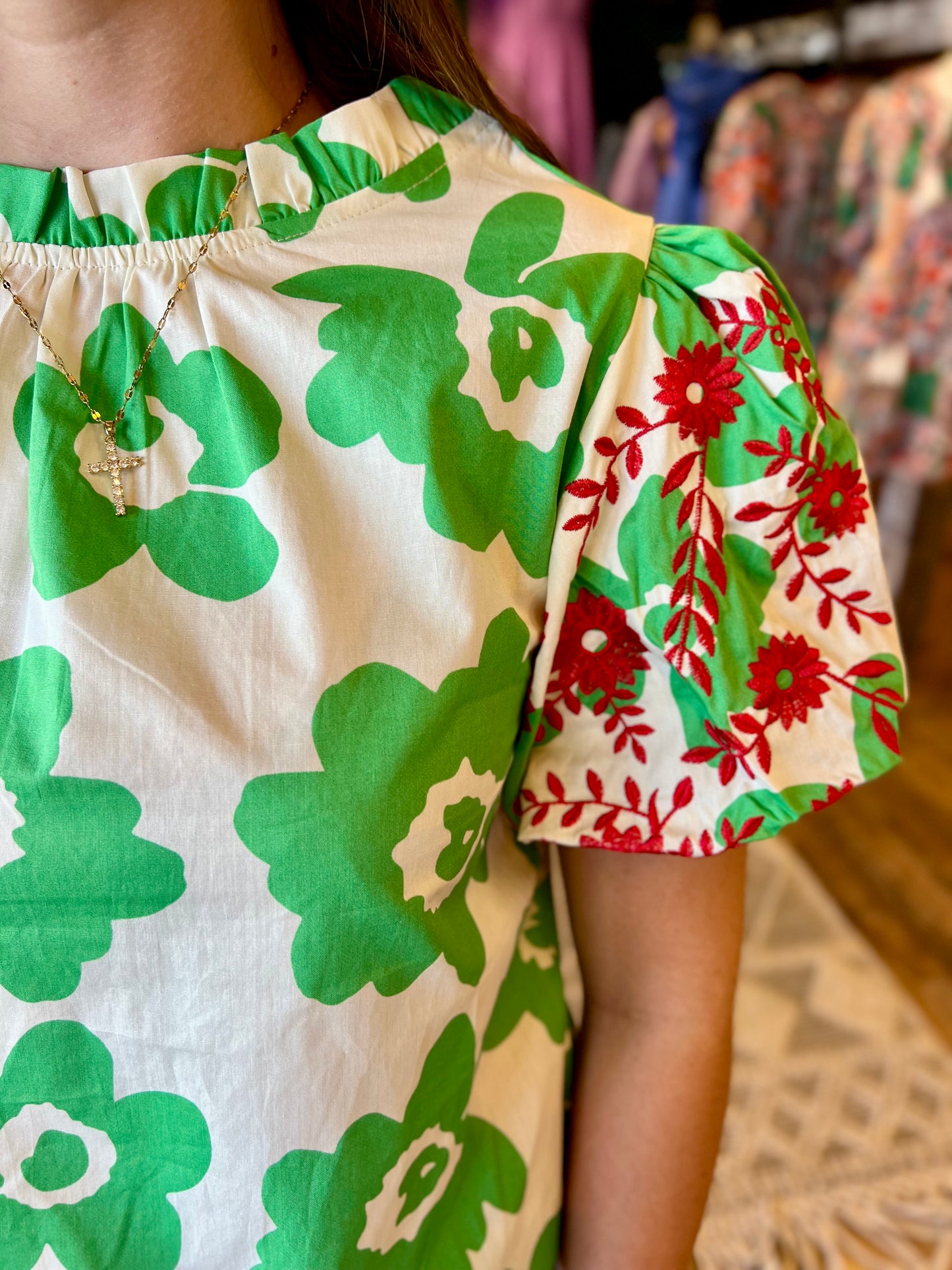 Green Floral Embroidered Sleeve Top