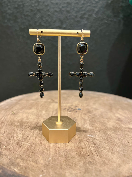 Black Beaded Cross Earring