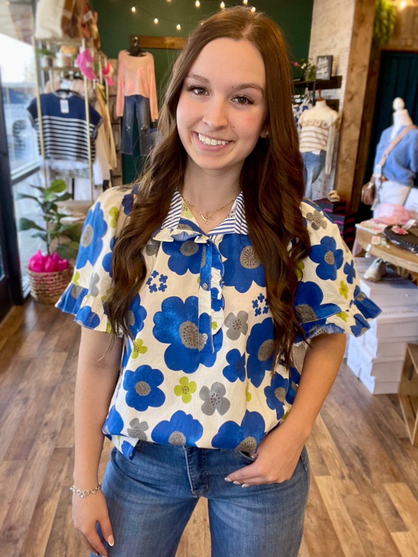 Royal & Lime Floral Button Up