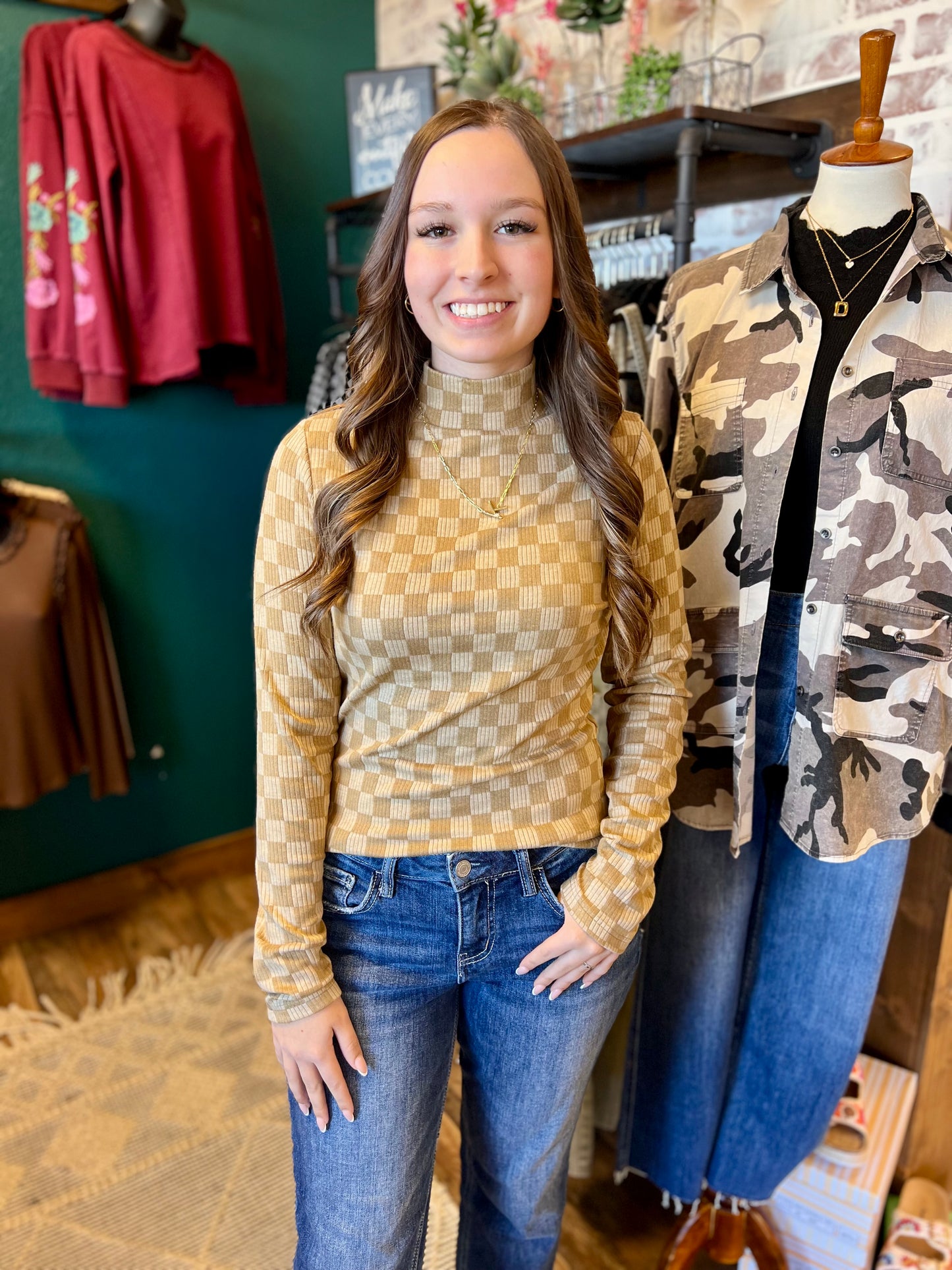 Sand Checkered Mock Neck Top