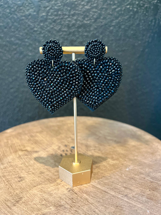 Beaded Black Heart Earrings