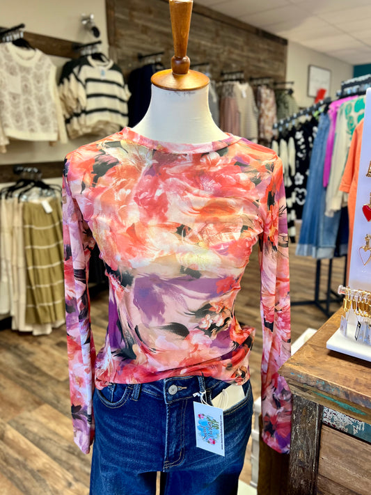 Coral Floral Mesh Top