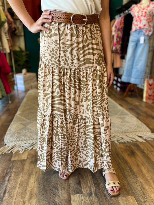 Taupe Animal Print Tiered Skirt