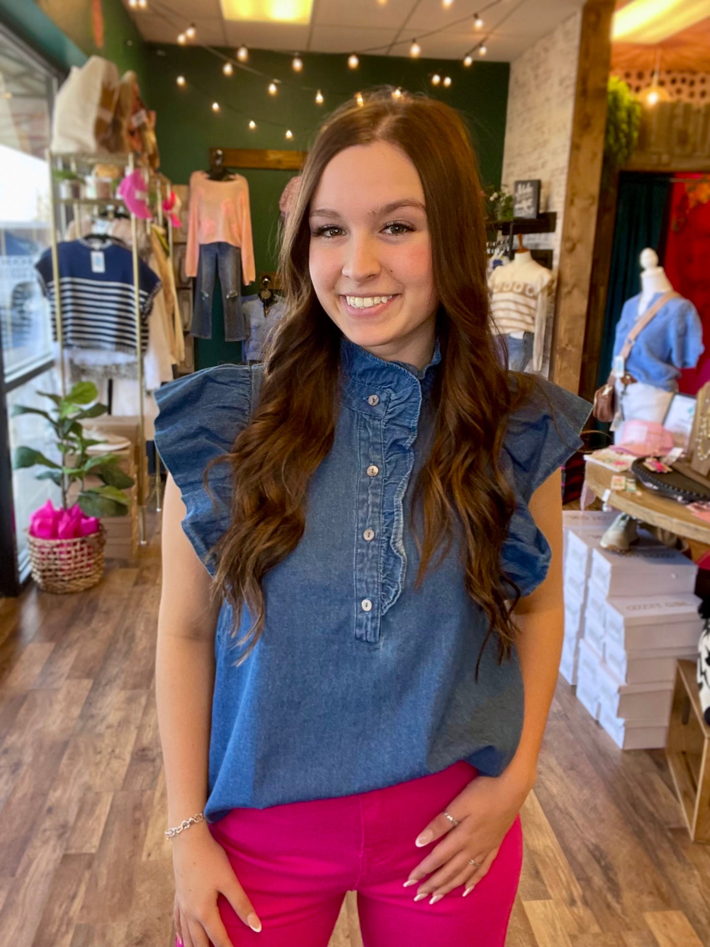 Denim Ruffle Button Up Top