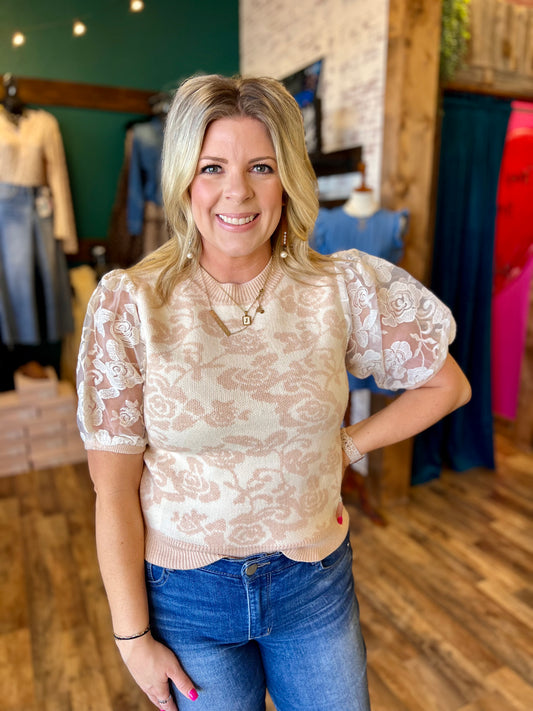 Blush Floral Lace Puff Top