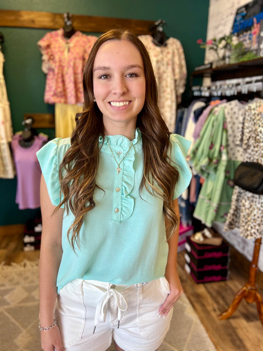Sleeveless Ruffle Button Up Top