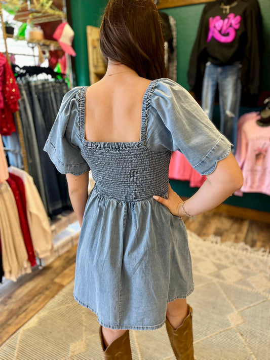 Scalloped Bow Tie Denim Dress