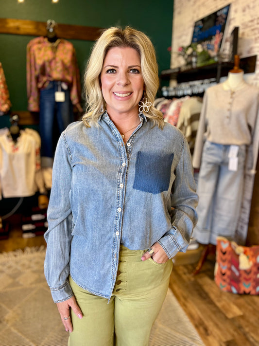 Faux Pocket Button Down Denim Blouse
