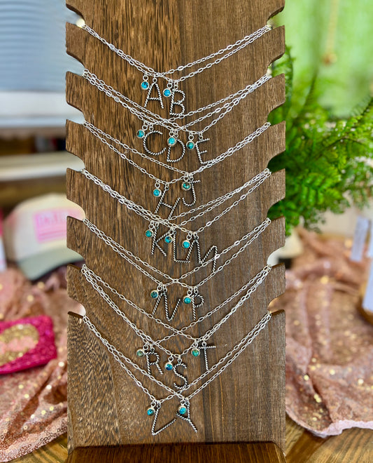 Sterling Silver Rope Initial w/ Turquoise Drop