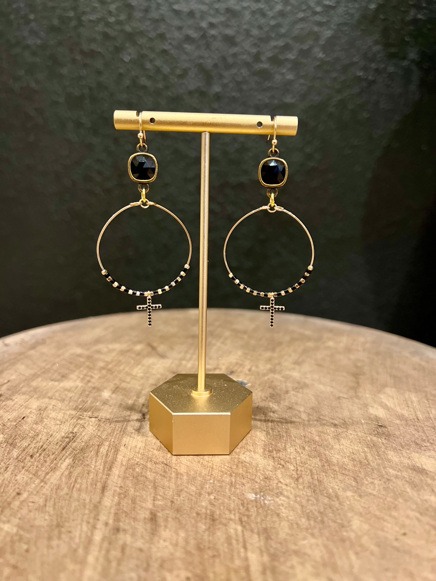 Delicate Black Beaded Cross Earring