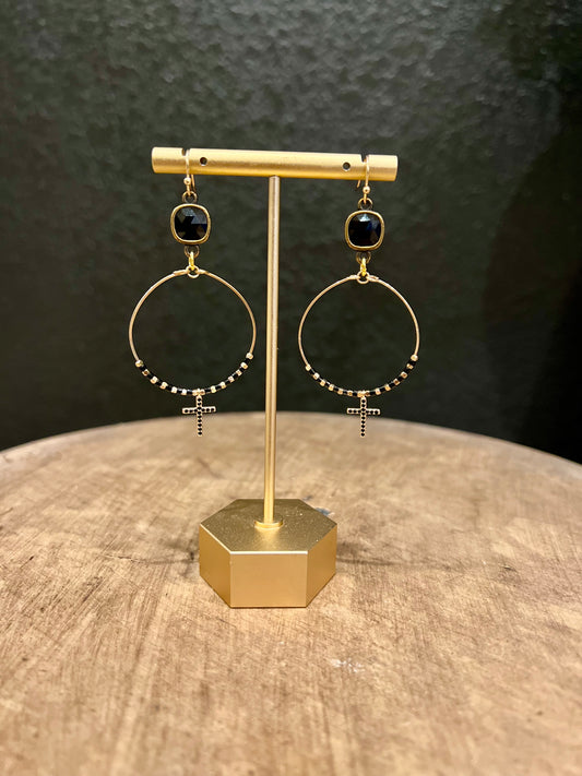 Delicate Black Beaded Cross Earring