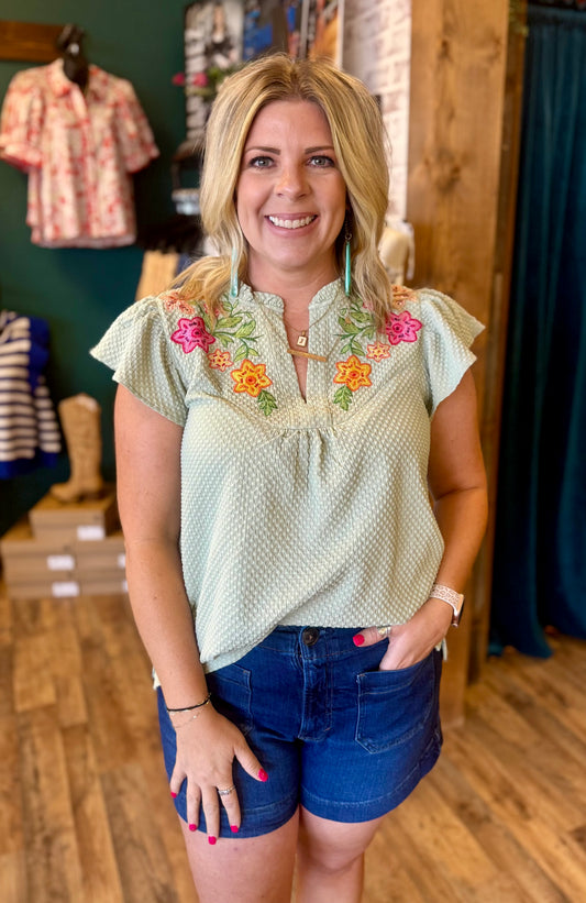 Embroidered Flutter Sleeve Top