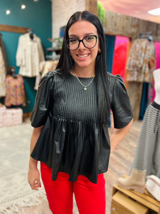 Faux Leather Pleated Top