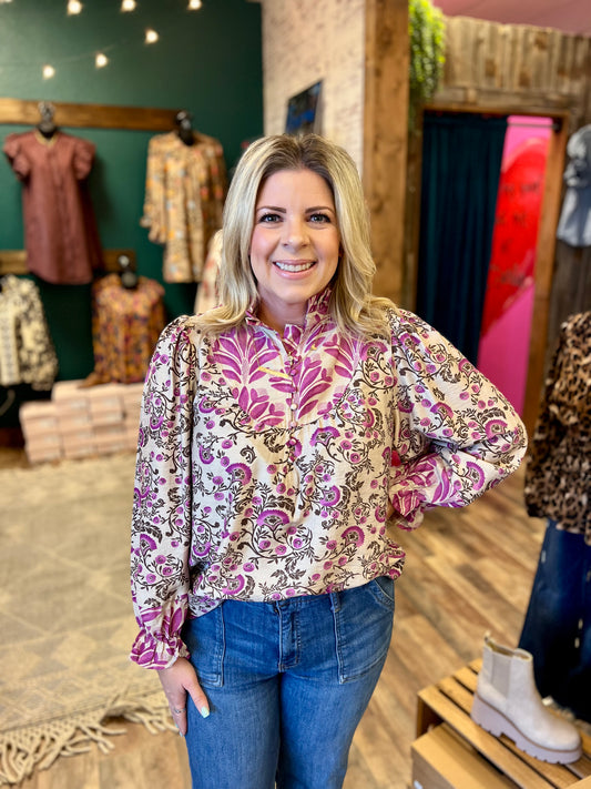 Two Tone Floral Button Up Top