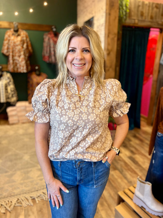 Taupe Floral Jacquard Ruffle Top