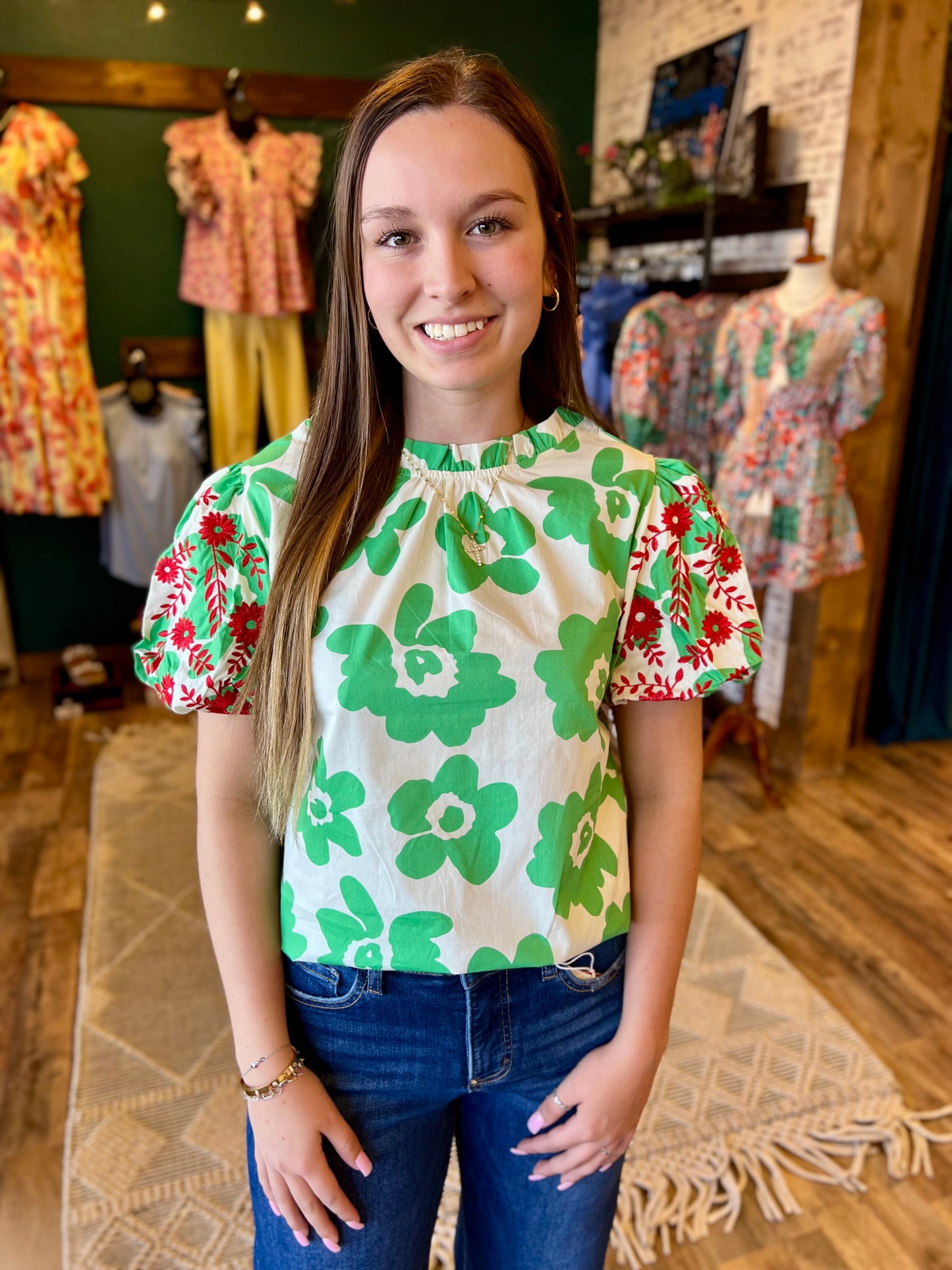 Green Floral Embroidered Sleeve Top