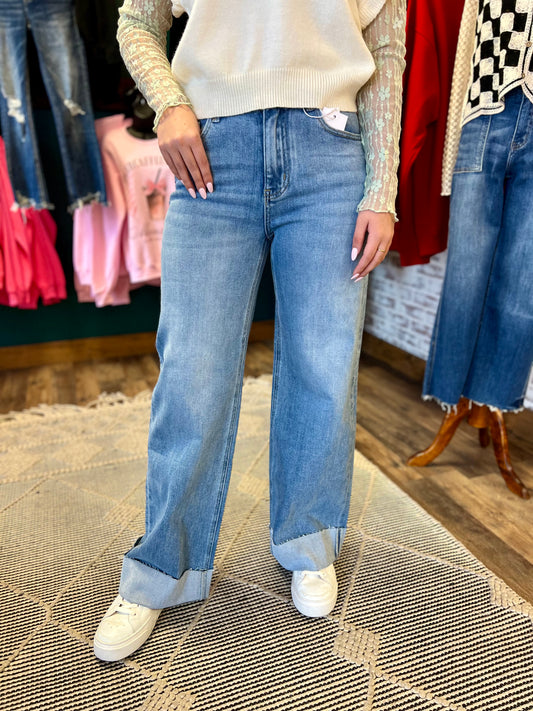 Denim 90’s Stretch Cuffed Hem High Rise Straight Jean