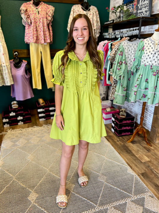 Lime Pintuck Mini Dress
