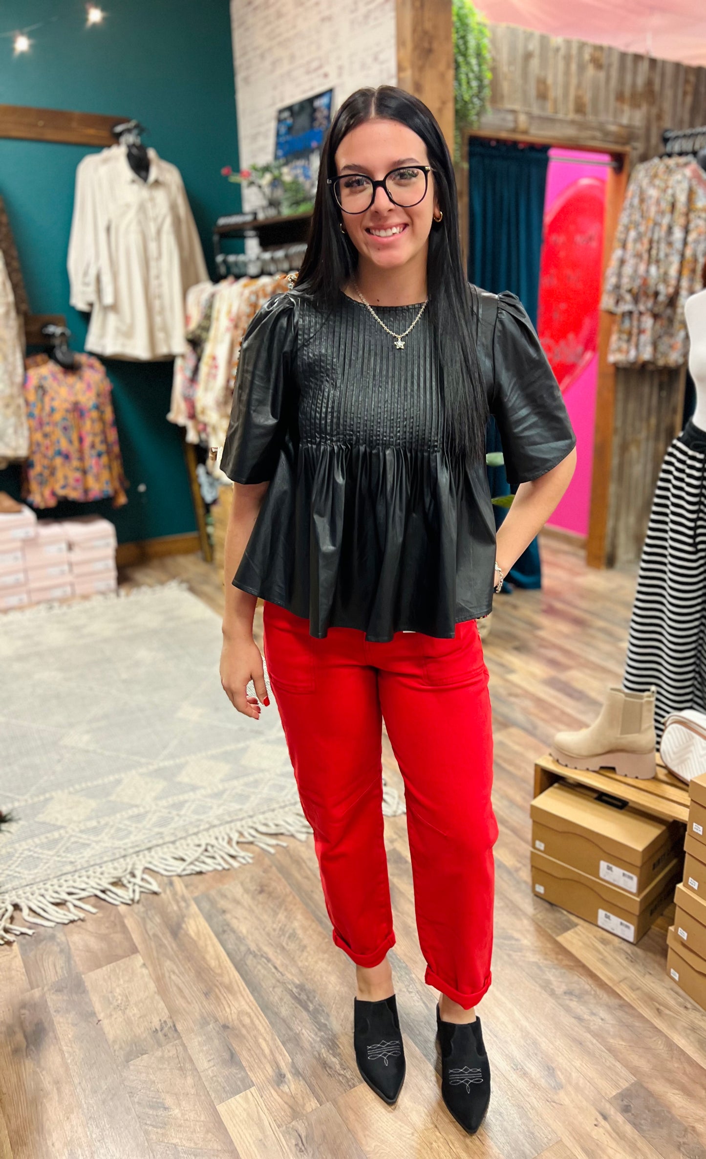 Faux Leather Pleated Top