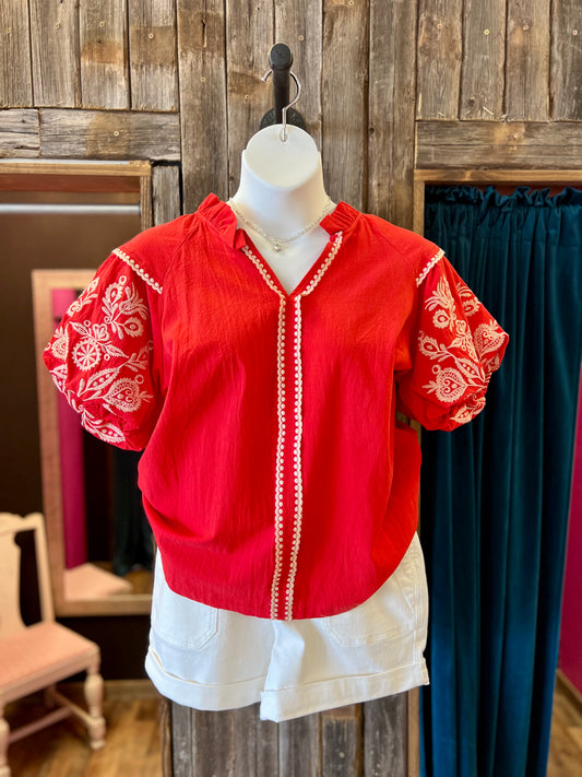 Red Fiesta Bubble Sleeve Top