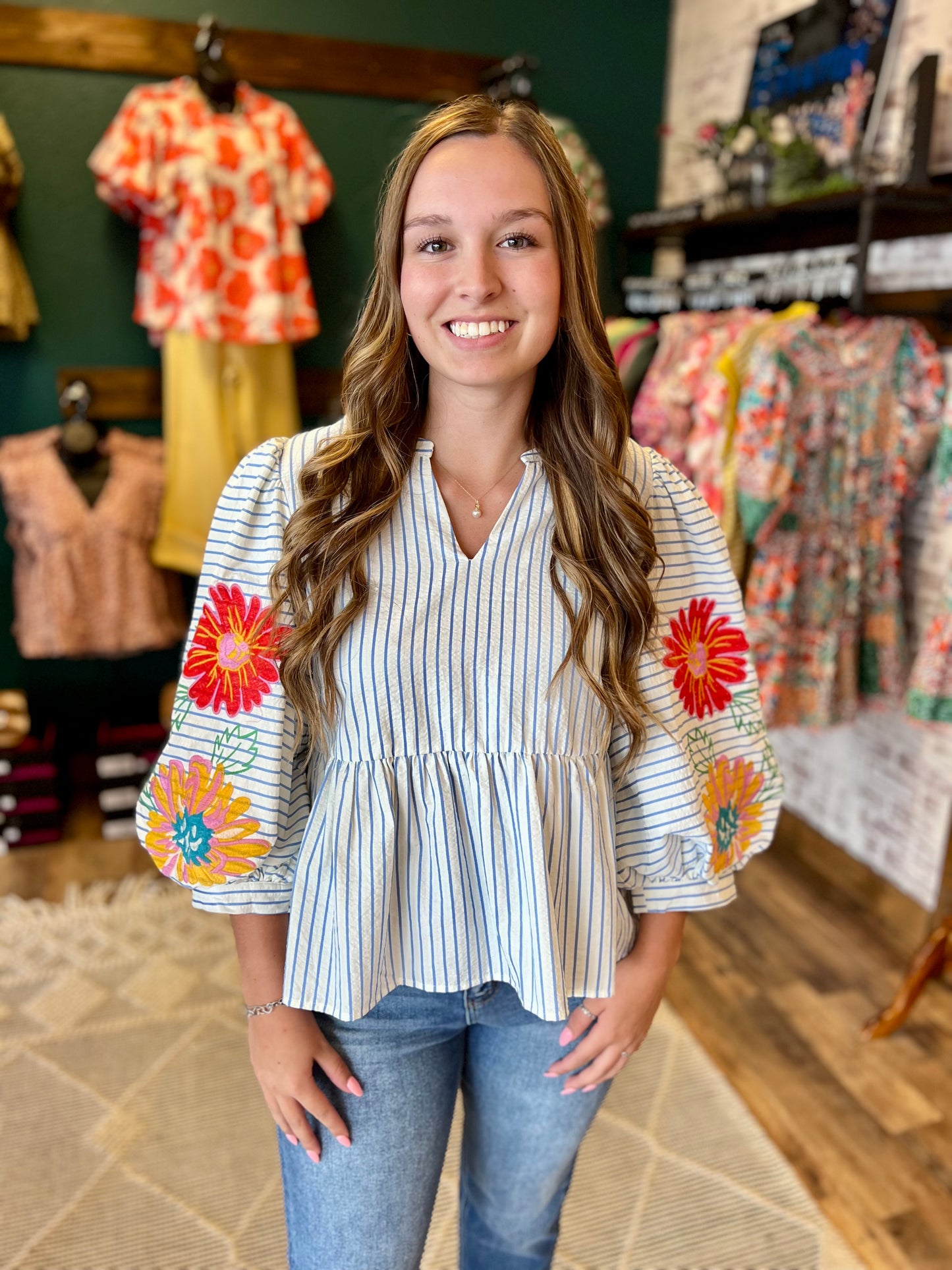 Embroidered Stripe Babydoll Top