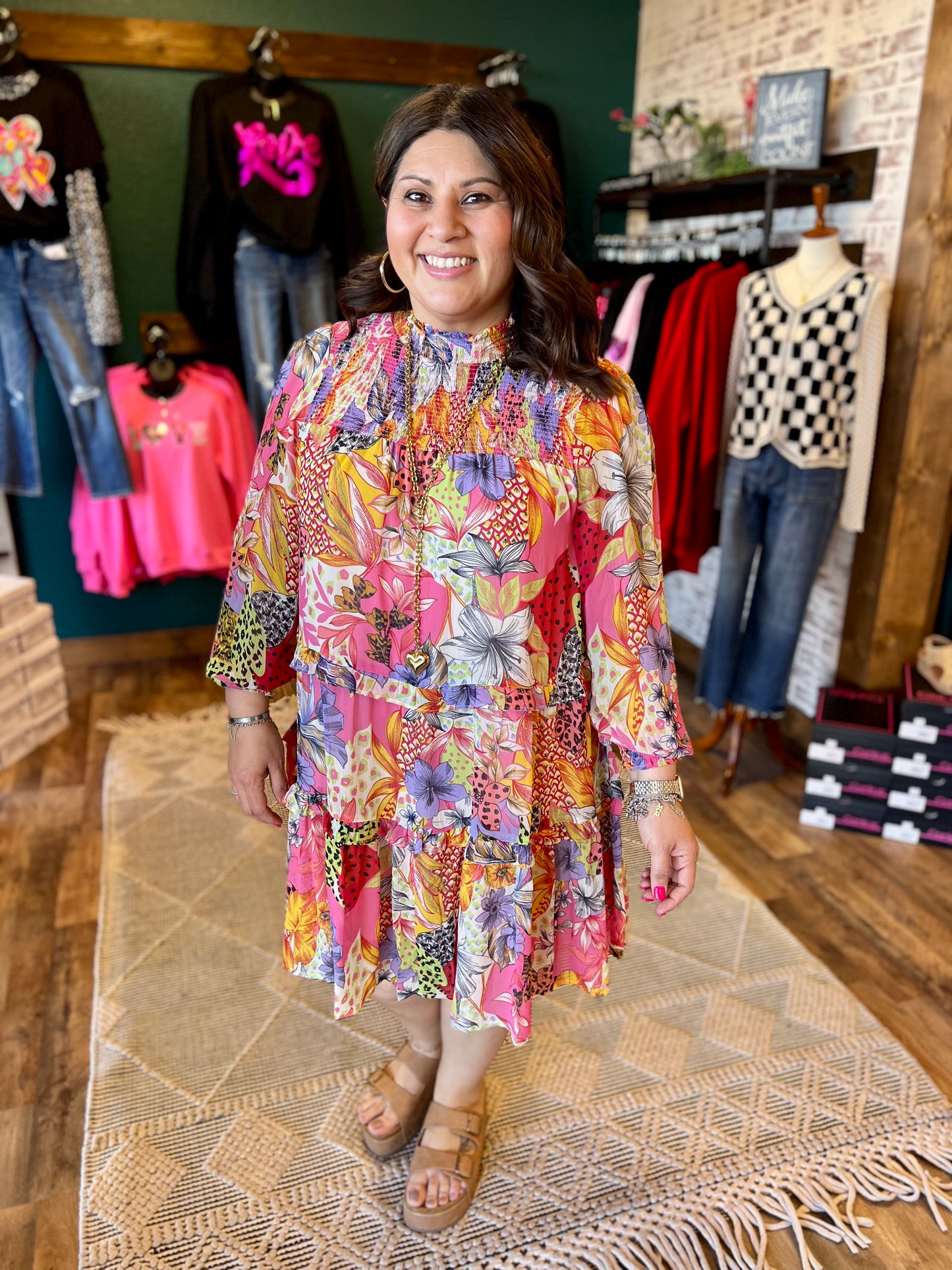 Pink Tropics Mock Neck Dress