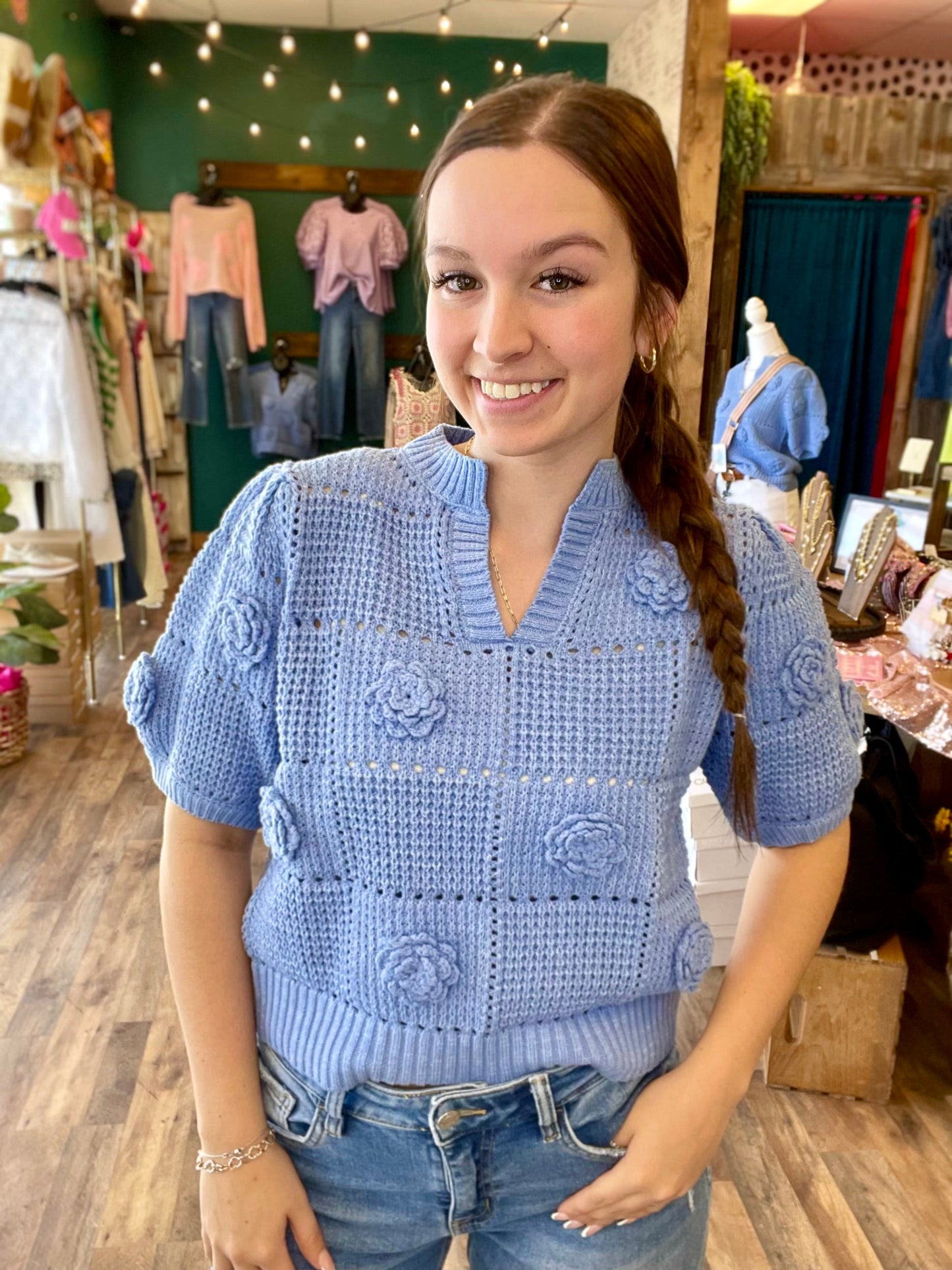 Chambray Floral Crochet Knit Top