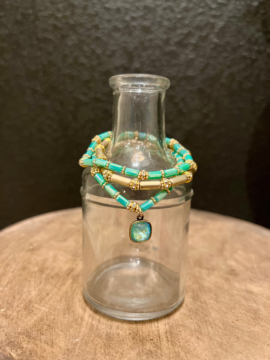 3 pc Turquoise & Gold Stretch Bracelets