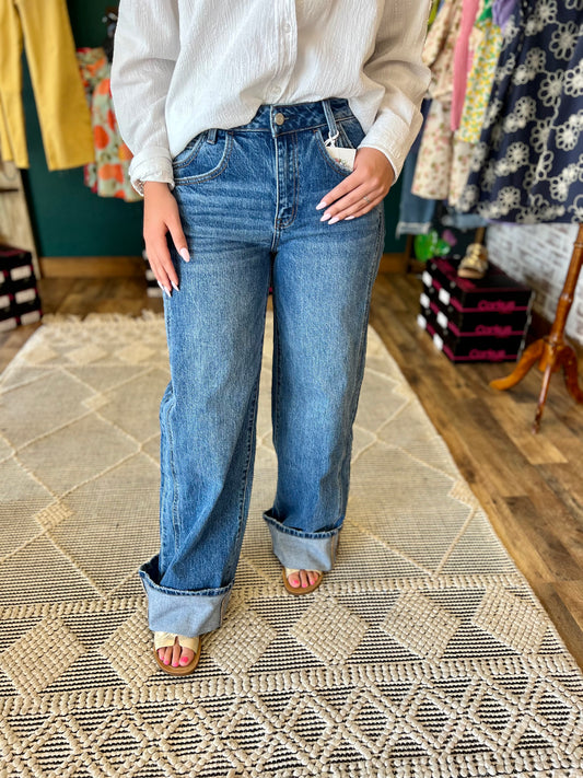High Rise Cuffed Wide Panel Jean