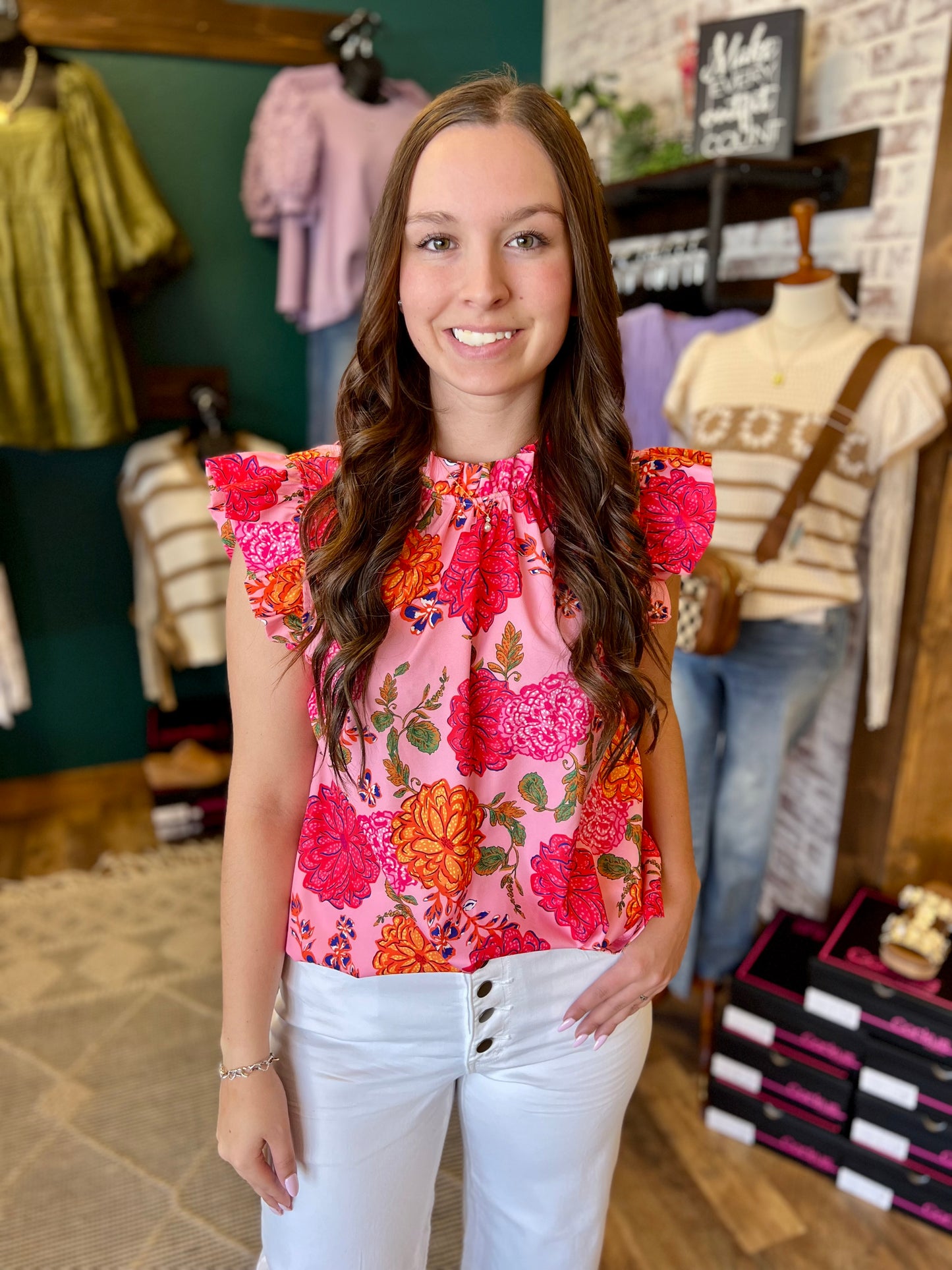 Hot Pink Floral Sleeveless Ruffle Top