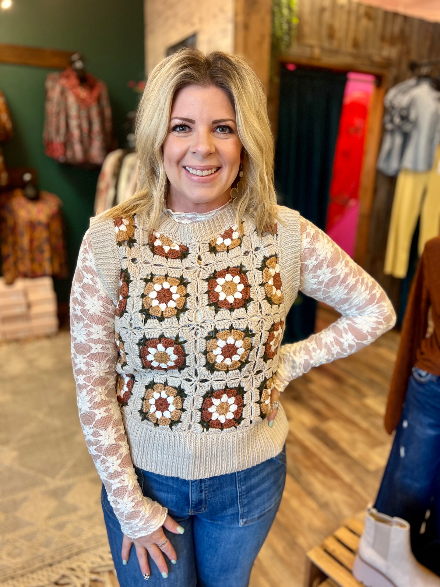 Rust & Mustard Floral Crochet Sweater Vest