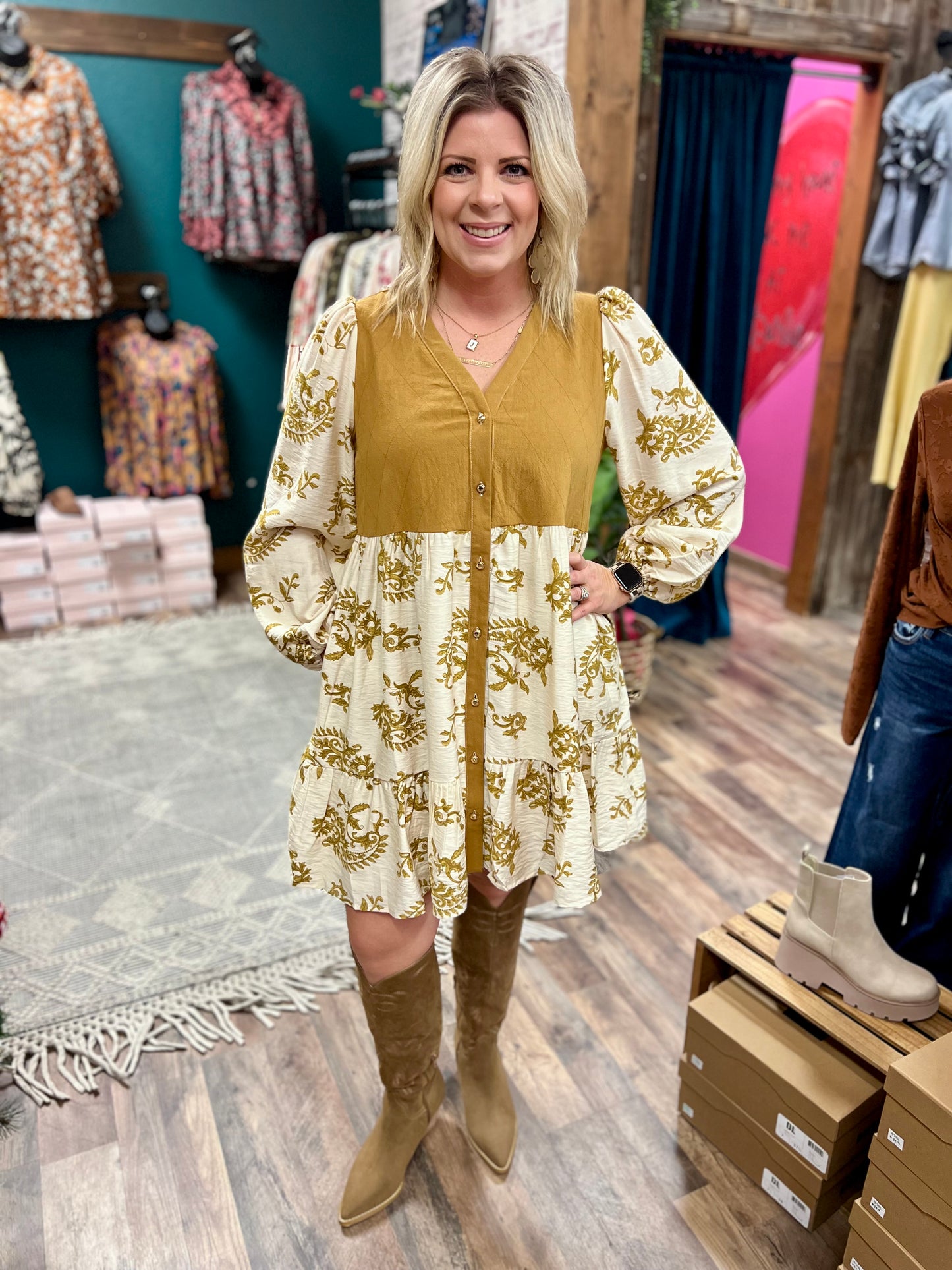 Mustard Quilted Top Floral Dress