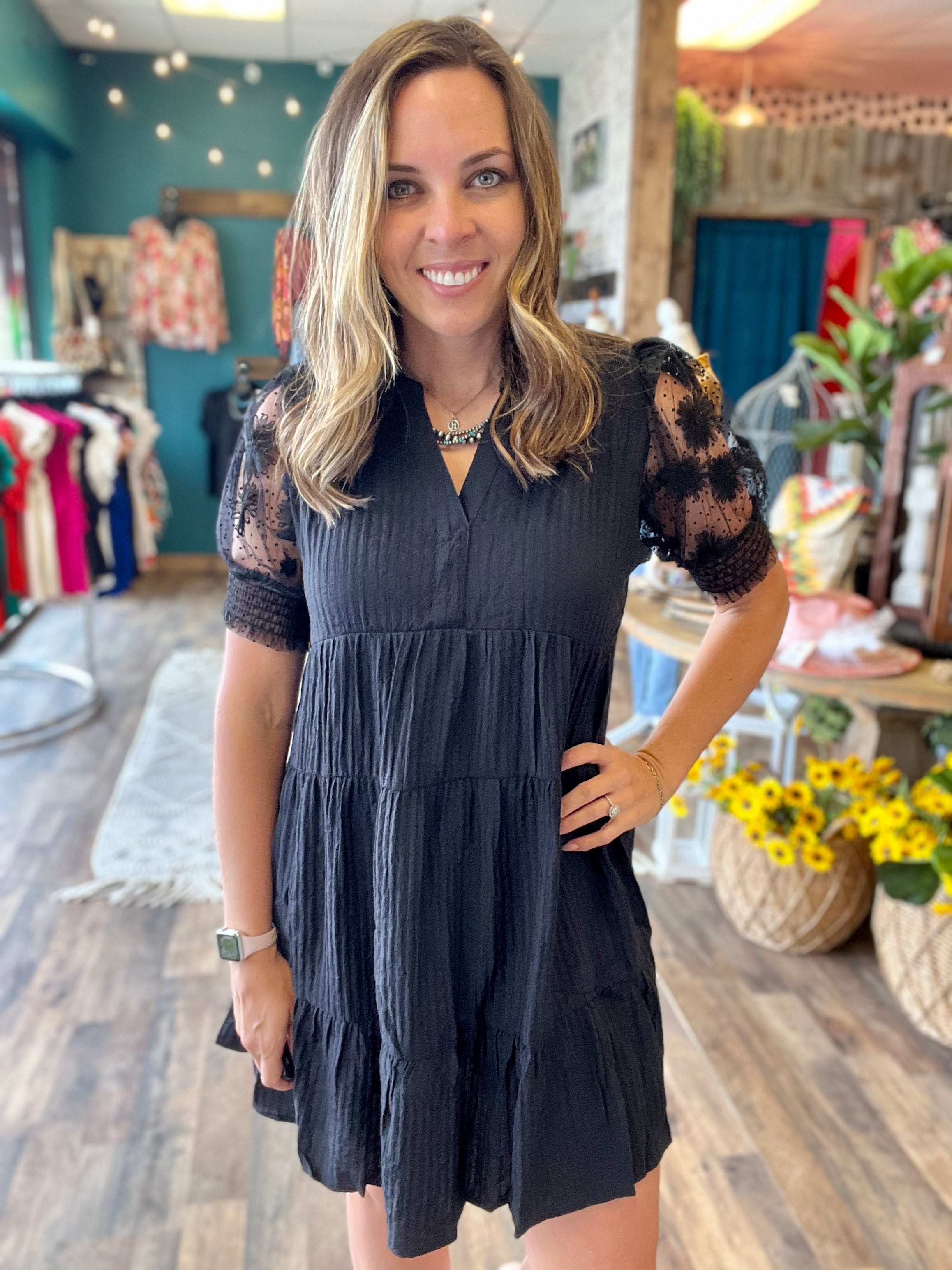 Black Sheer Sleeve Tiered Dress Sweet Darlin' Boutique