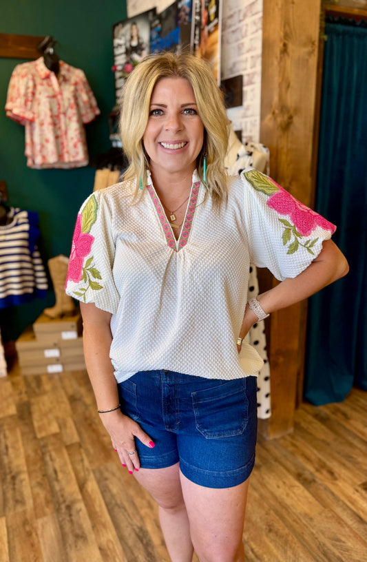 Floral Embroidered Textured Top