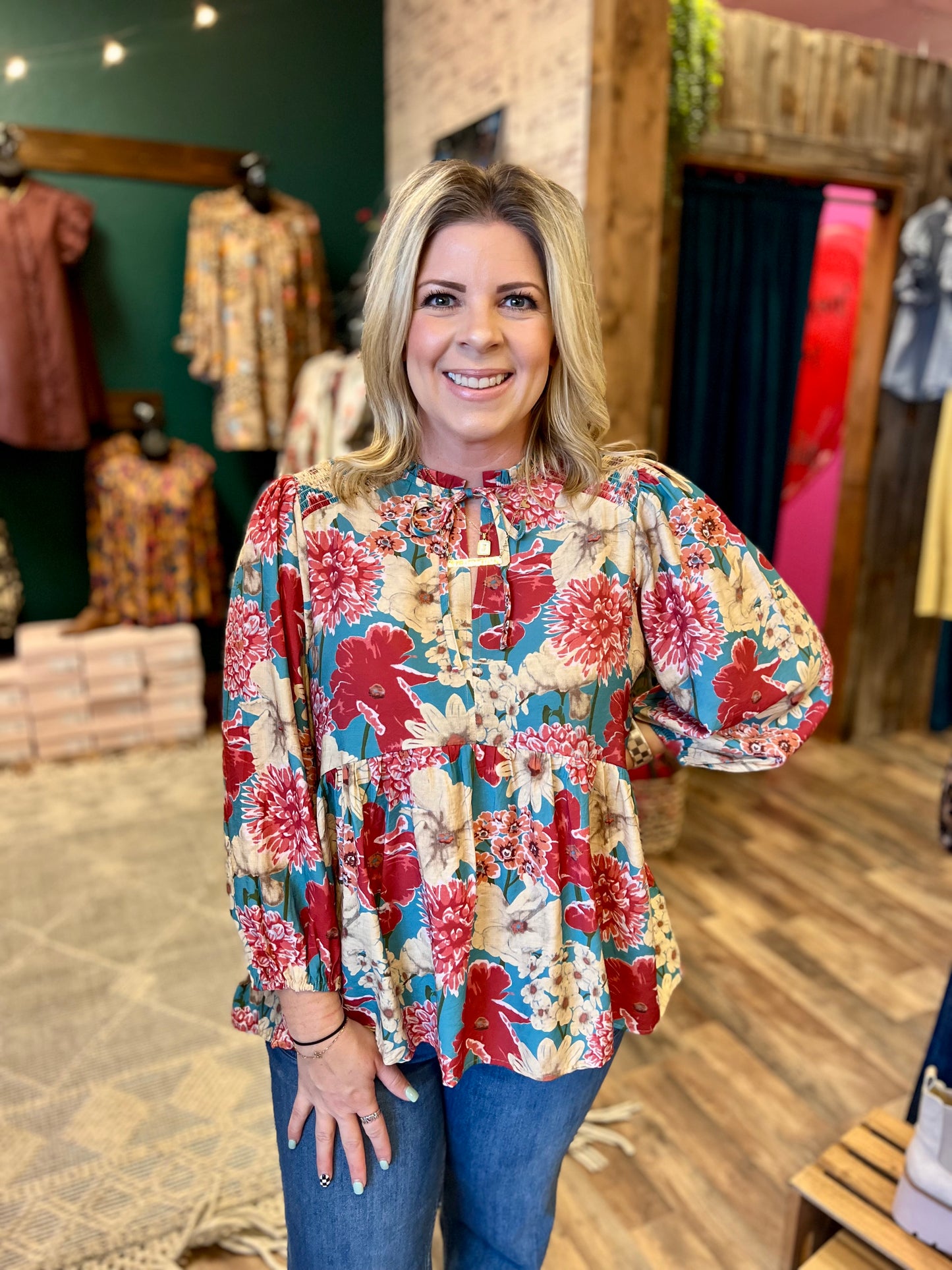 Red & Taupe Floral Babydoll