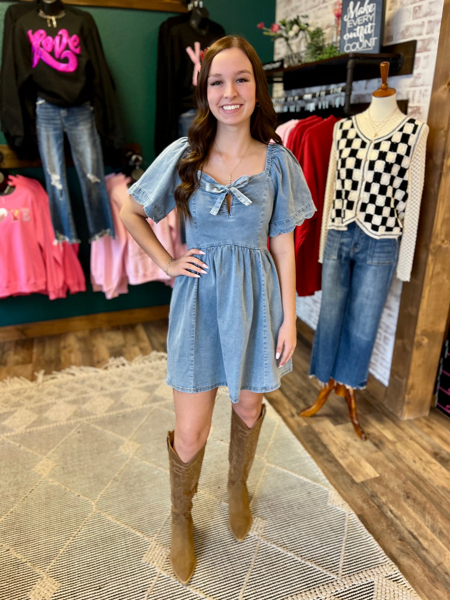 Scalloped Bow Tie Denim Dress