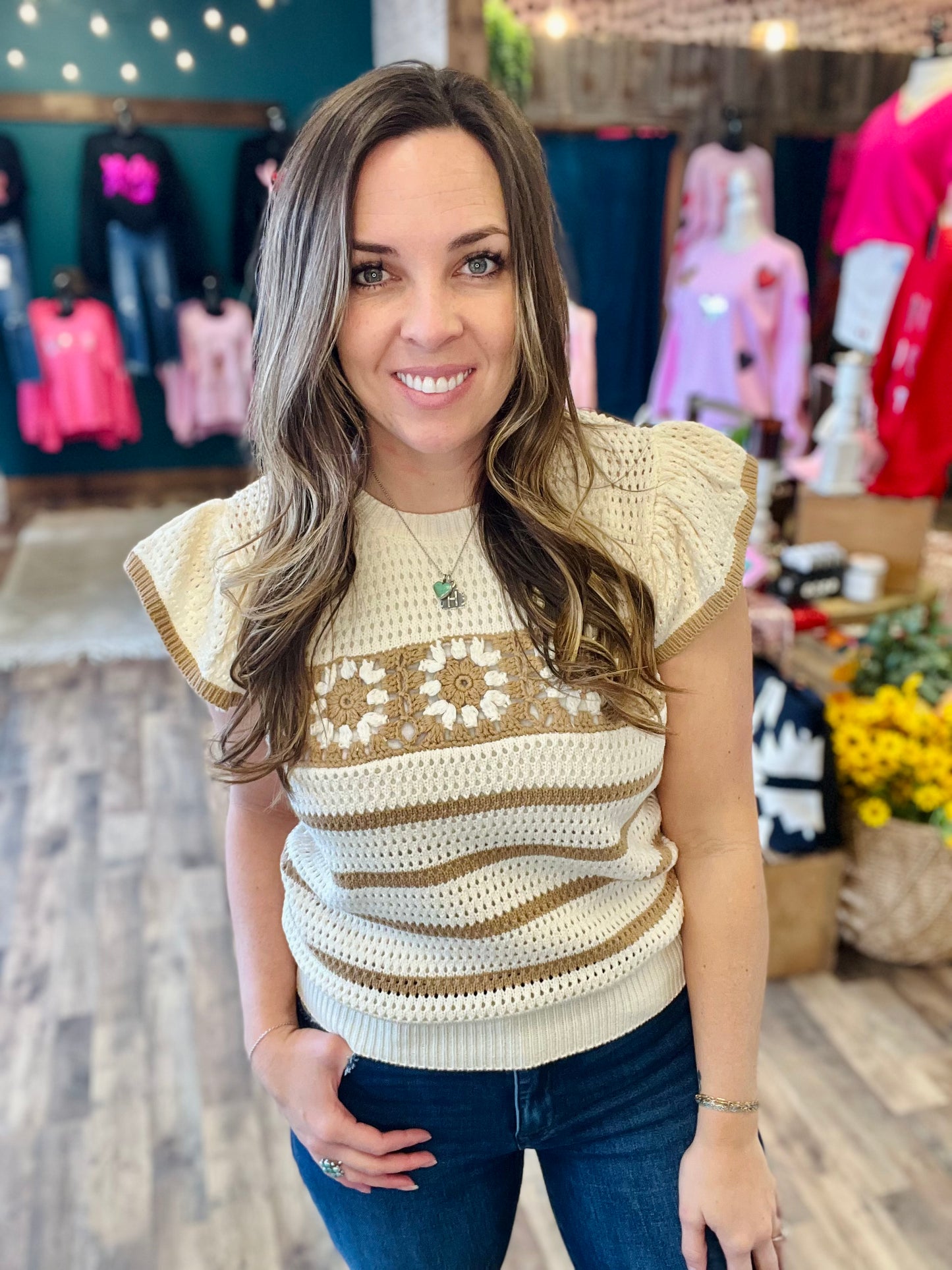 Taupe Daisy Crochet Top