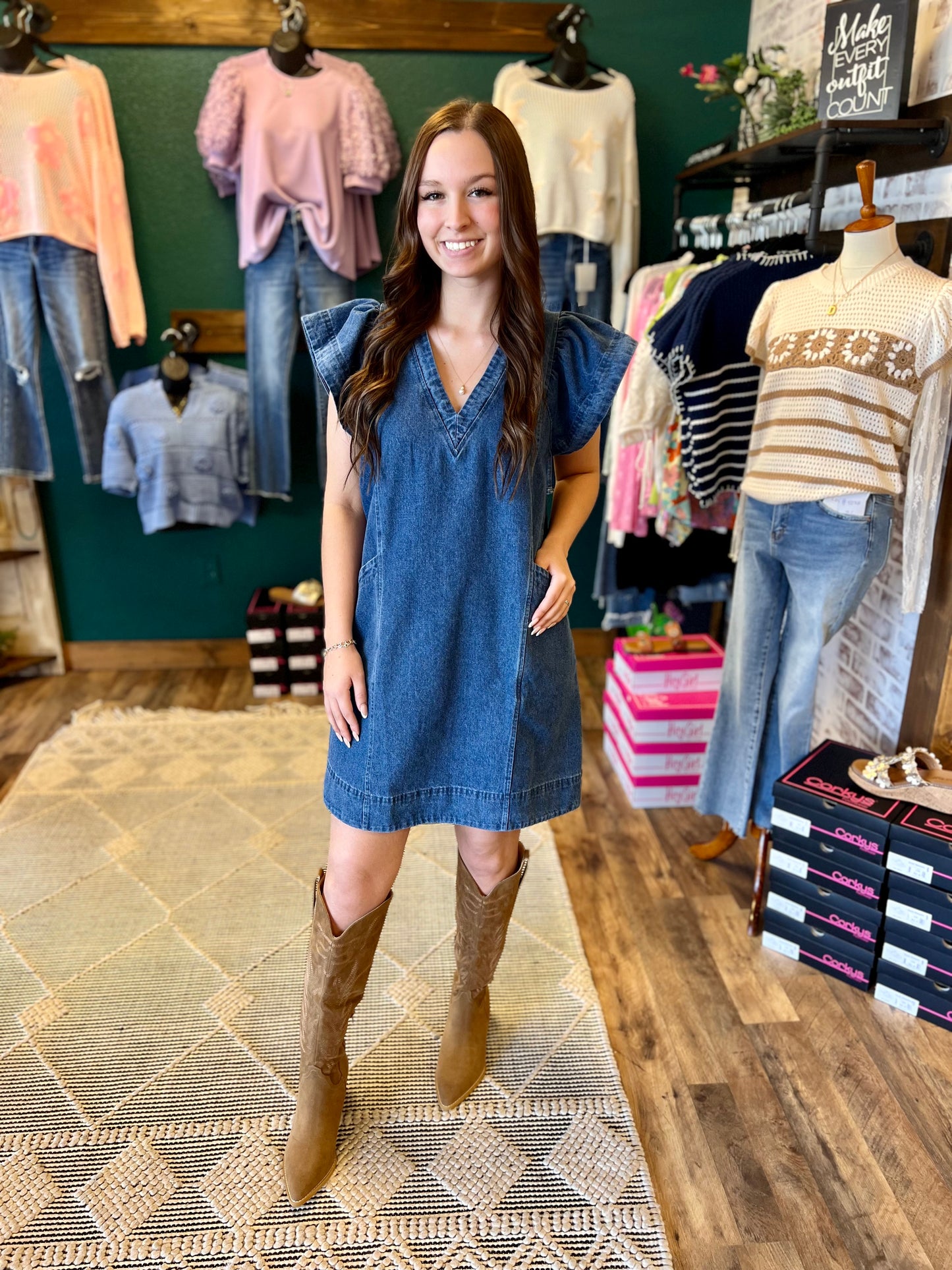 Vneck Ruffle Denim Dress