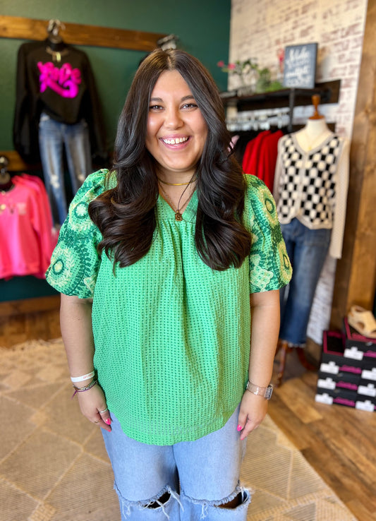 Checkered Embroidered Sleeve Top