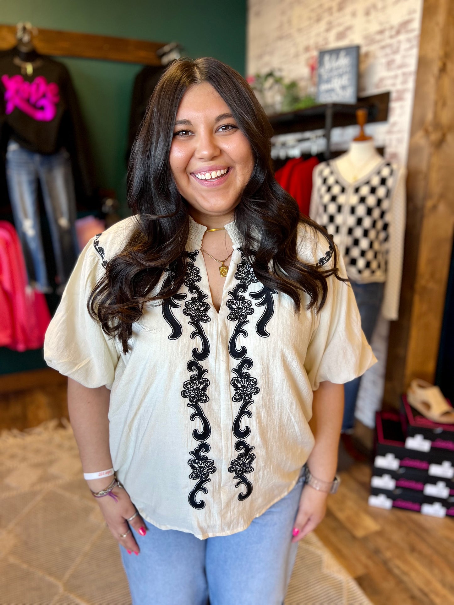 Black Scroll Cream Top