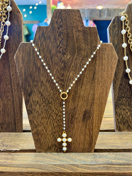 Lariat Pearl Cross Necklace