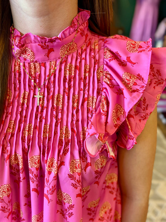 Pink Floral Gathered Ruffle Top
