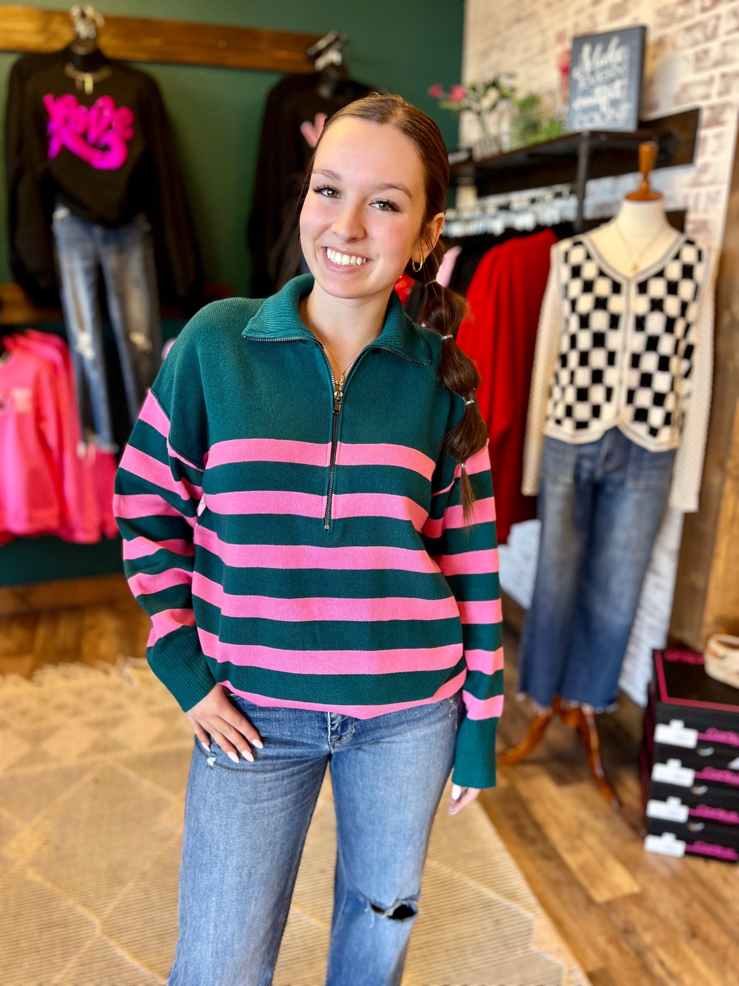 Pink Stripe Zip Up Sweater