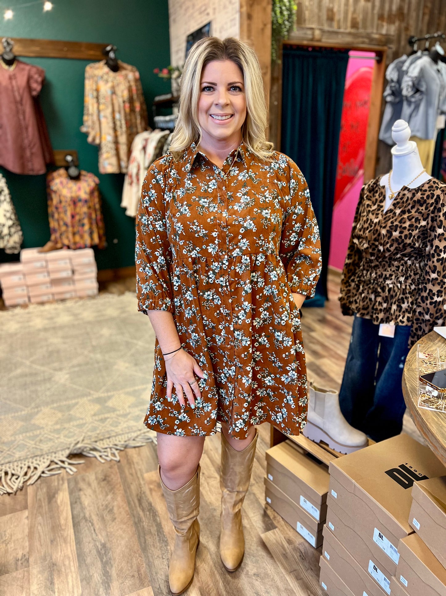 Rust & Teal Corduroy Dress