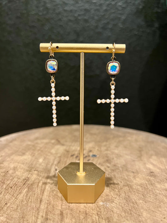 Pearl Cross Diamond Drop Earring